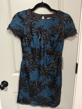 Dress the Population Teal and Black Sequin Party Dress
